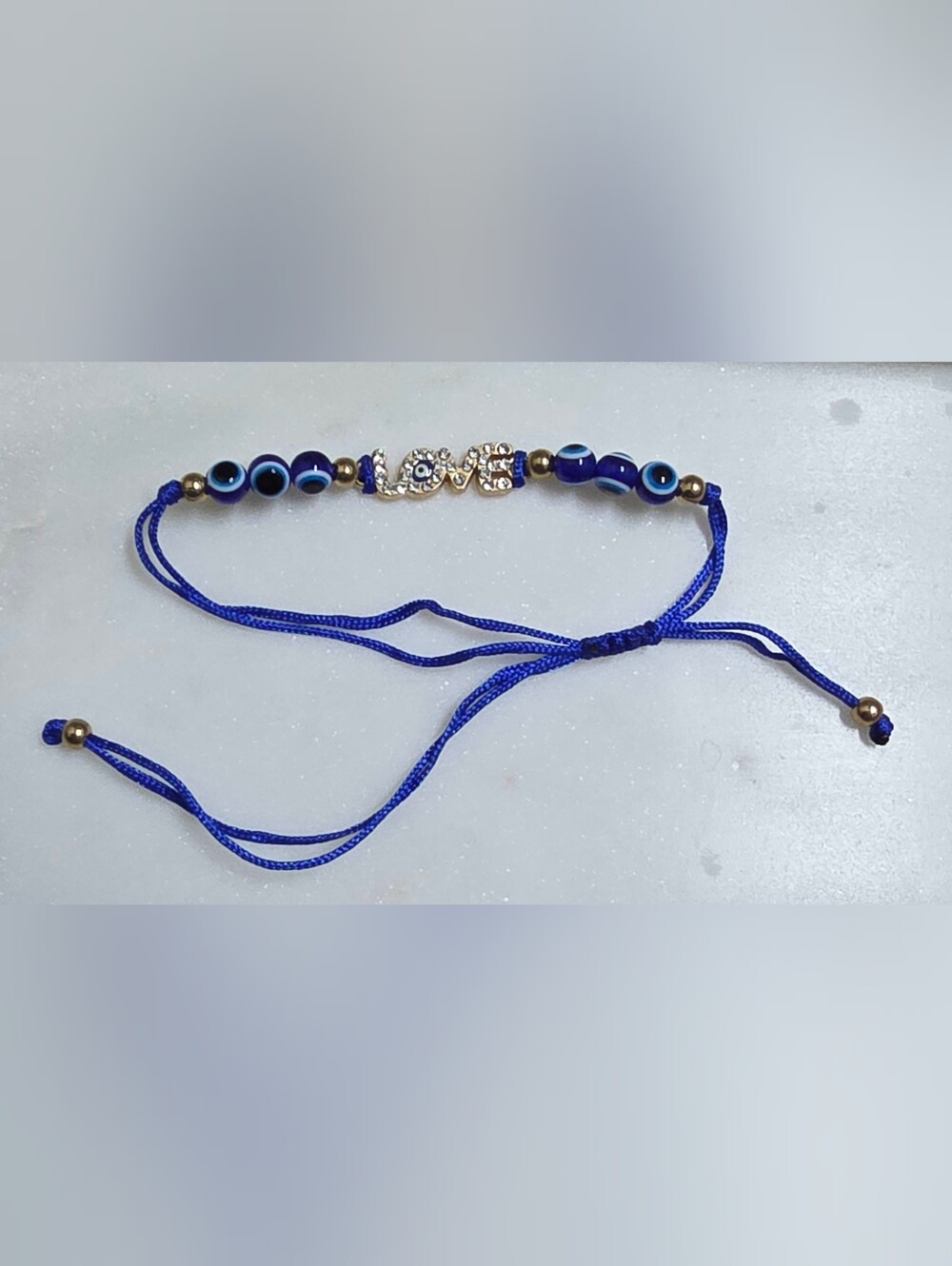 Hand Crafted Blue Evil Eye LOVE Adjustable Bracelet with Gold Accents NWOT